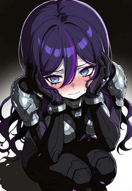 high contrast, masterpiece, best quality, amazing quality, very aesthetic, high resolution, ultra-detailed, absurdres, 1girl, solo, Eva, long hair, blue eyes, purple eyes, purple hair, hair between eyes, multicolored hair, streaked hair, armor, makeup, black bodysuit, addmicrodetails, embarrassed, DX, holding head, crouching,