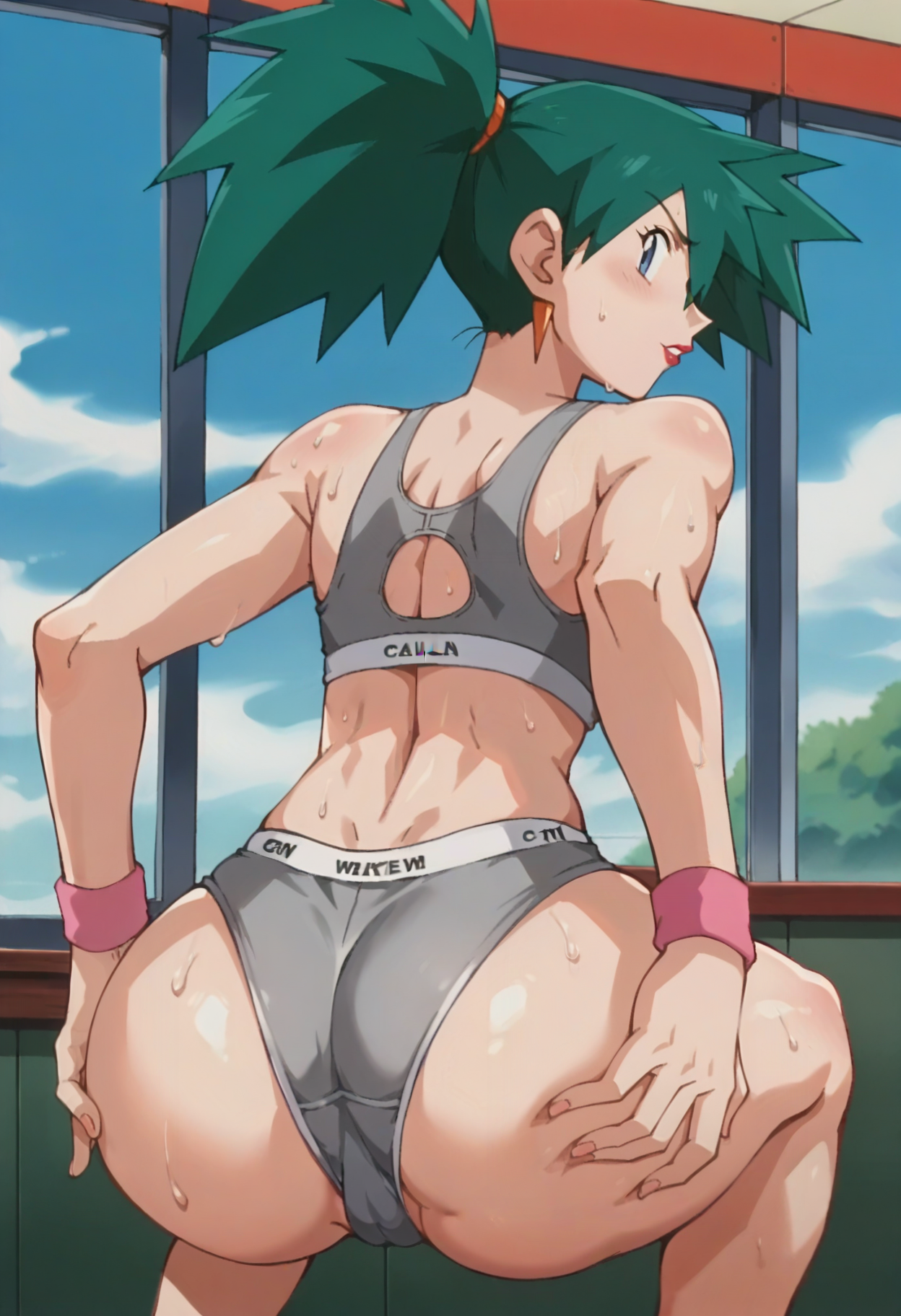 score_9, score_8_up, score_7_up, score_6_up, anime screencap, anime coloring, <lora:PMLiza_epoch_7:0.7>, PMLiza, green hair, blue eyes, orange earrings, bangs, hair between eyes, ponytail, lipstick, breasts,
<lora:CalvinKleinSF:0.6>, CalvinKleinSF, calvin klein, sports bra, navel, panties, cleavage, midriff, grey panties, collarbone, bare shoulders, wedgie, grey bra, sweat, skindentation,
ass, from behind, looking back, grabbing own ass, back, leaning forward, squatting, pov, solo, pink wristband, 
BREAK, blue sky, day, gym, indoors, window, sunlight,