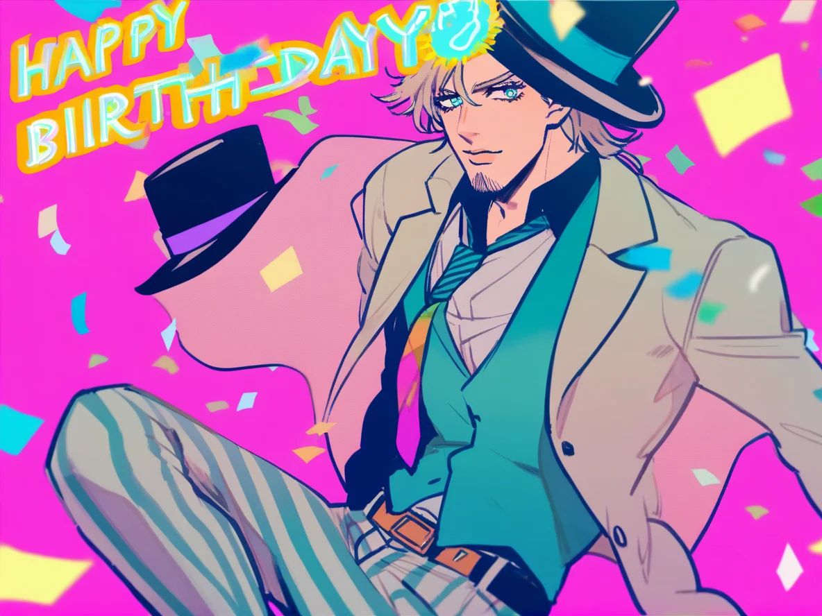 1boy, male focus,
will anthonio zeppeli, jojo no kimyou na bouken,
solo, happy birthday, striped clothes, confetti, suit, facial hair, necktie, birthday, blue eyes, hat, striped pants, black hair, top hat, formal, pants,
safe
<lora:mki-ani31-GenshinPV-v2-000012:1>