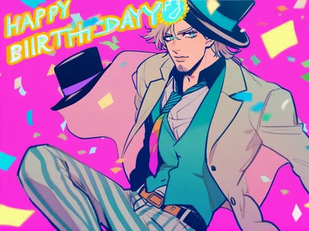 1boy, male focus,
will anthonio zeppeli, jojo no kimyou na bouken,
solo, happy birthday, striped clothes, confetti, suit, facial hair, necktie, birthday, blue eyes, hat, striped pants, black hair, top hat, formal, pants,
safe
<lora:mki-ani31-GenshinPV-v2-000012:1>
