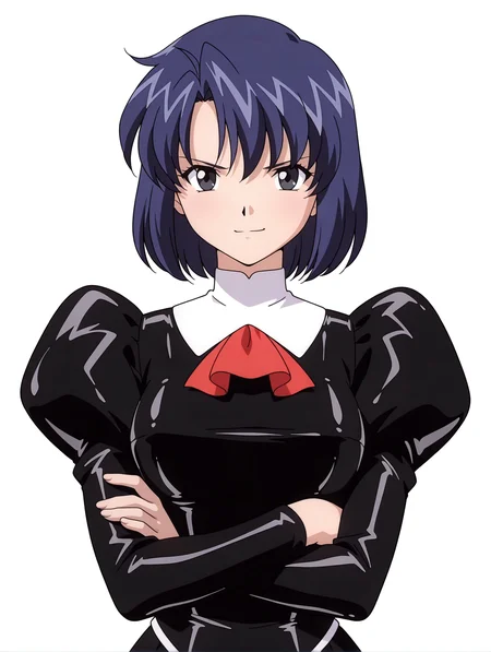 masterpiece,best quality,newest,
1girl,solo,
<lora:delmo_yuki_ilxl_v1.0:1>,yuki,blue hair,short hair,black eyes,d_clothes,red ascot,black dress,juliet sleeves,long sleeves,black skirt,
<lora:Fixhands_anime_bdsqlsz_V1:1>,upper_body,looking_at_viewer,white_background,simple_background,cowboy_shot,straight-on,crossed arms,standing,smirk,