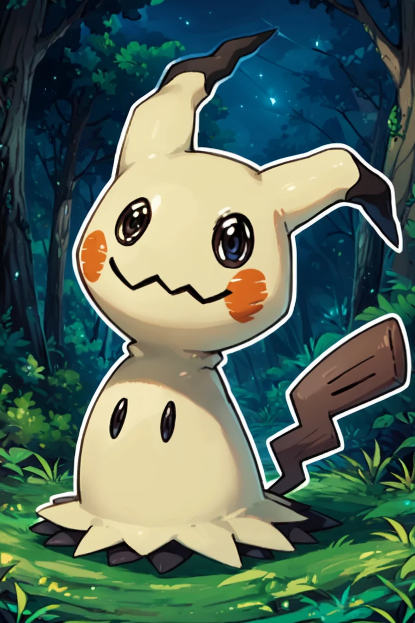 score_9, score_8_up, score_8, no humans, BREAK, , zzMimikyu, solo, pokemon (creature), no humans, animal focus, mimikyu, full body, standing, outdoors, grass, black eyes, tree, nature, forest, night, <lora:Mimikyu_Pokemon_PDXL:0.8>,, BREAK, smile, looking at viewer, ,,, abstract background, white outline, cowboy shot, ,,, embedding:zPDXL, Expressiveh, ,,, <lora:CatalystStylePDXL:0.6>, <lora:SDXLFaeTastic2400:0.5>, <lora:Expressive_H-000001:0.4>,