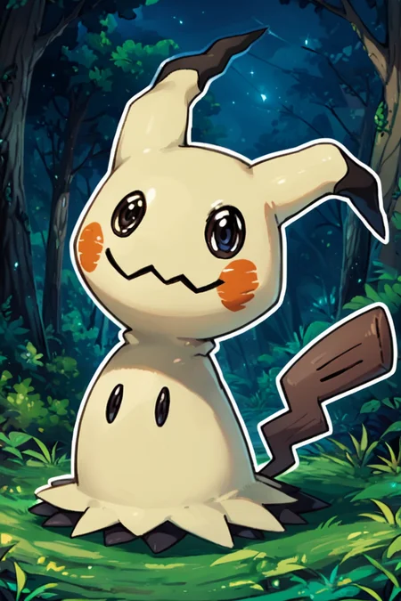 score_9, score_8_up, score_8, no humans, BREAK, , zzMimikyu, solo, pokemon (creature), no humans, animal focus, mimikyu, full body, standing, outdoors, grass, black eyes, tree, nature, forest, night, <lora:Mimikyu_Pokemon_PDXL:0.8>,, BREAK, smile, looking at viewer, ,,, abstract background, white outline, cowboy shot, ,,, embedding:zPDXL, Expressiveh, ,,, <lora:CatalystStylePDXL:0.6>, <lora:SDXLFaeTastic2400:0.5>, <lora:Expressive_H-000001:0.4>,