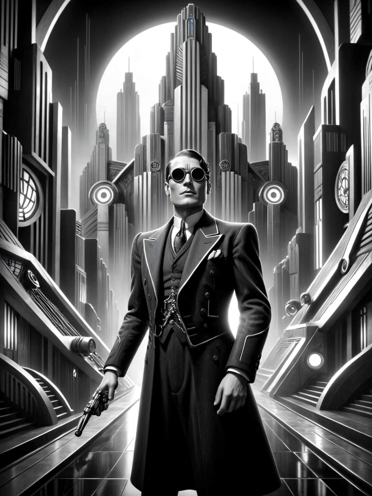 (man:1.3), futuristic, stylized, art deco, expressionist, 1920s, black and white <lora:Metropolis_Movie_Style_SDXL:0.8> mad-ropolis-movie, (masterpiece:1.2), best quality, (hyperdetailed, highest detailed:1.2), high resolution textures
