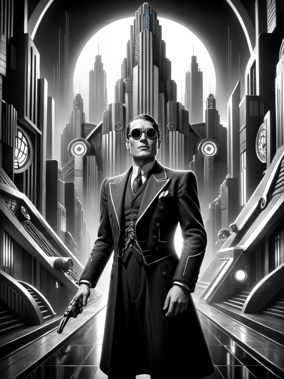 (man:1.3), futuristic, stylized, art deco, expressionist, 1920s, black and white <lora:Metropolis_Movie_Style_SDXL:0.8> mad-ropolis-movie, (masterpiece:1.2), best quality, (hyperdetailed, highest detailed:1.2), high resolution textures