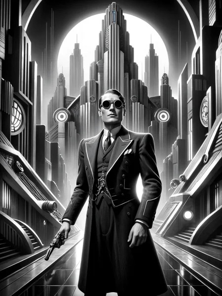 (man:1.3), futuristic, stylized, art deco, expressionist, 1920s, black and white <lora:Metropolis_Movie_Style_SDXL:0.8> mad-ropolis-movie, (masterpiece:1.2), best quality, (hyperdetailed, highest detailed:1.2), high resolution textures