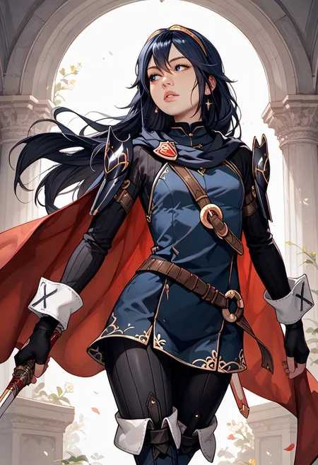 masterpiece,best quality, highly detailed, score_9, score_8_up, score_7_up, score_6_up, score_5_up, score_4_up, ((zPDXL3)), ((zPDXLxxx)), Expressiveh, defLuci, long hair, tiara, cape, shoulder armor, blue tunic, long sleeves, cuffs, blue scarf, fingerless gloves, belt, pants, thigh boots, highres, holding, holding sword, holding weapon, long hair, looking away, sword, adult lustful confident woman, petite, slender body, perky saggy natural breasts, full lips, bangs, sidelocks, straps,
chinese magical sorceress, animated, swirling magic, wisps of magic, dancing pose, tight squeezed outfit, magical accessories, evoking motion, conveying motion, dynamic splash art