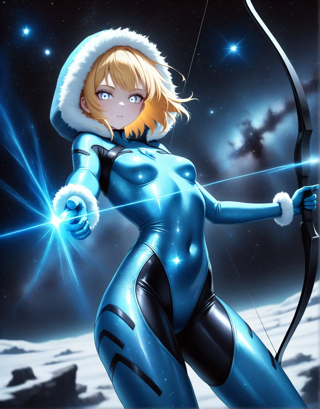 masterpiece, best quality, good quality, very aesthetic, absurdres, newest, 8K, depth of field, in the style of cknc, artist:moriimee, in the style of cksc, 1girl, pale skin, long blonde hair, loose, icy blue eyes, small breasts, perky, fur-lined hood, glossy skin, aiming bow, looking at viewer, from side BREAK snowy mountain peak, wind howling, ice glittering BREAK cool tones, frosty glow, high contrast, sharp details, rich textures, fierce atmosphere, yazloba_space,night sky,milky way,starry sky,space,galaxy  , <lora:yazloba_space_ill:1>