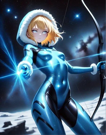 masterpiece, best quality, good quality, very aesthetic, absurdres, newest, 8K, depth of field, in the style of cknc, artist:moriimee, in the style of cksc, 1girl, pale skin, long blonde hair, loose, icy blue eyes, small breasts, perky, fur-lined hood, glossy skin, aiming bow, looking at viewer, from side BREAK snowy mountain peak, wind howling, ice glittering BREAK cool tones, frosty glow, high contrast, sharp details, rich textures, fierce atmosphere, yazloba_space,night sky,milky way,starry sky,space,galaxy , <lora:yazloba_space_ill:1>