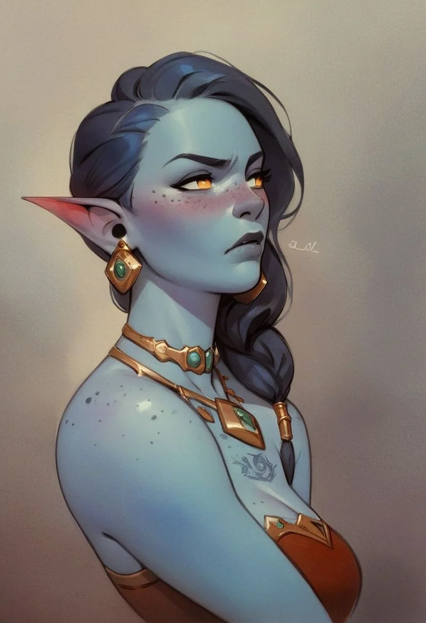 score_9, score_8_up, score_7_up, score_6_up, score_5_up, score_4_up,zPDXL, source_cartoon,(female:1.2), (demon girl, blue skin), freckles, blush, beautiful, lich, fey, attractive, tattoos, earrings, necklace,cute,pouting, sexy, 8k detail, watercolor