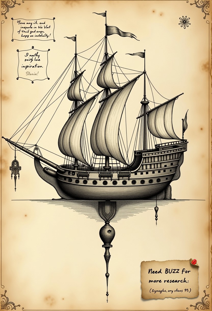 <lora:Flux-Davinci-ink-sketch-V2.safetensors:0.9>,  a davinci diagram in the style of the voynich manuscripts depicting a nautilus being inspiration for an underwater ship, inspired by captain nemo. hand written annotations, aged parchment, Machina Magnifica. Note affixed that says "Need BUZZ for more research", 4k quality