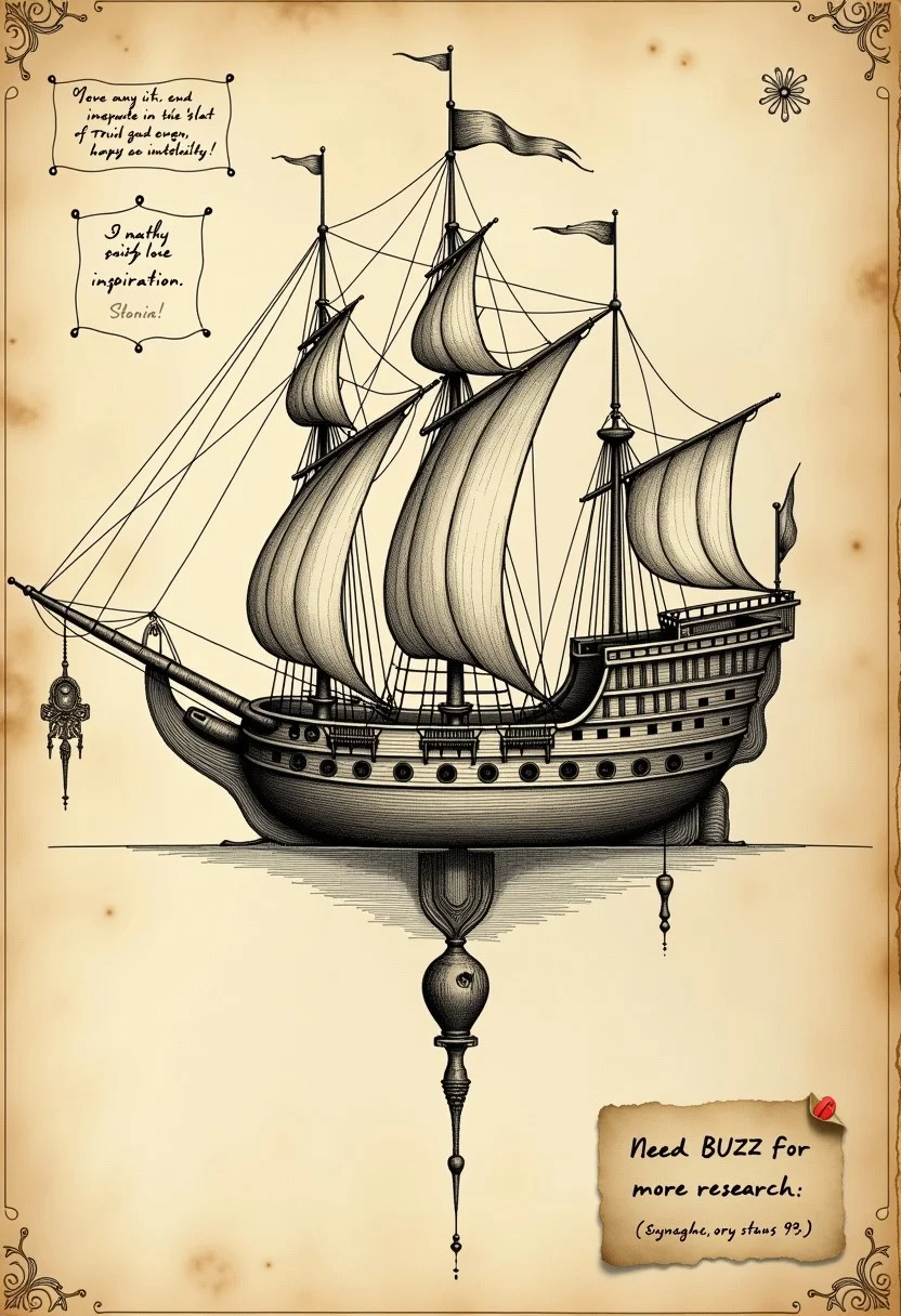 <lora:Flux-Davinci-ink-sketch-V2.safetensors:0.9>,  a davinci diagram in the style of the voynich manuscripts depicting a nautilus being inspiration for an underwater ship, inspired by captain nemo. hand written annotations, aged parchment, Machina Magnifica. Note affixed that says "Need BUZZ for more research", 4k quality