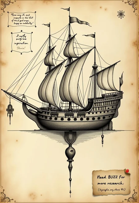 <lora:Flux-Davinci-ink-sketch-V2.safetensors:0.9>, a davinci diagram in the style of the voynich manuscripts depicting a nautilus being inspiration for an underwater ship, inspired by captain nemo. hand written annotations, aged parchment, Machina Magnifica. Note affixed that says "Need BUZZ for more research", 4k quality