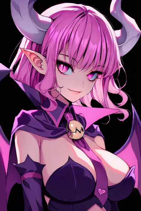 <lora:KuroCAT_Style:1>, high resolution, highly detailed, perfect lighting, beautiful detailed eyes, upper body, black background, 1girl, solo, looking at viewer, succubusxl, pink hair,demon horns, pointy ears, pink eyes, smiling, collared cape wings, detached sleeves, big breasts, necktie with bell, purple strapless top, underworld,night, <lora:Succubus-DXL10:0.7>,