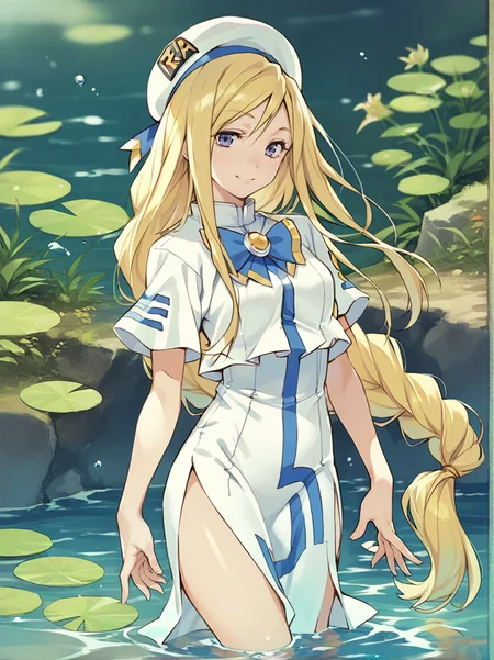 score_7_up, score_6_up, score_5_up, 1girl, solo, <lora:Alicia Florence PDXL:0.8>, alicia, blonde hair, aria company uniform, seductive smile, beret, side slit, short sleeves, water,