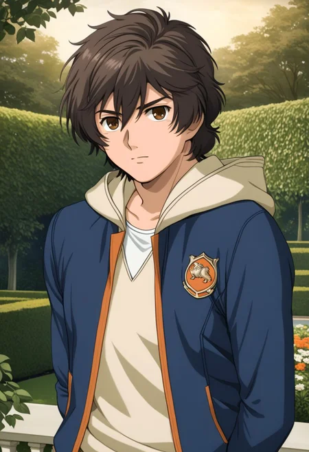 ASCIIbanagher_links, white undershirt, beige hoodie, blue jacket with orange lining, 1boy, male focus, solo, slim, thin waist, warm beige skin, brown hair,
glossy expressive eyes, big brown eyes, looking at the viewer,
in a royal garden,
masterpiece, best quality, ultra high res, intricate detail, clamshell warm lighting