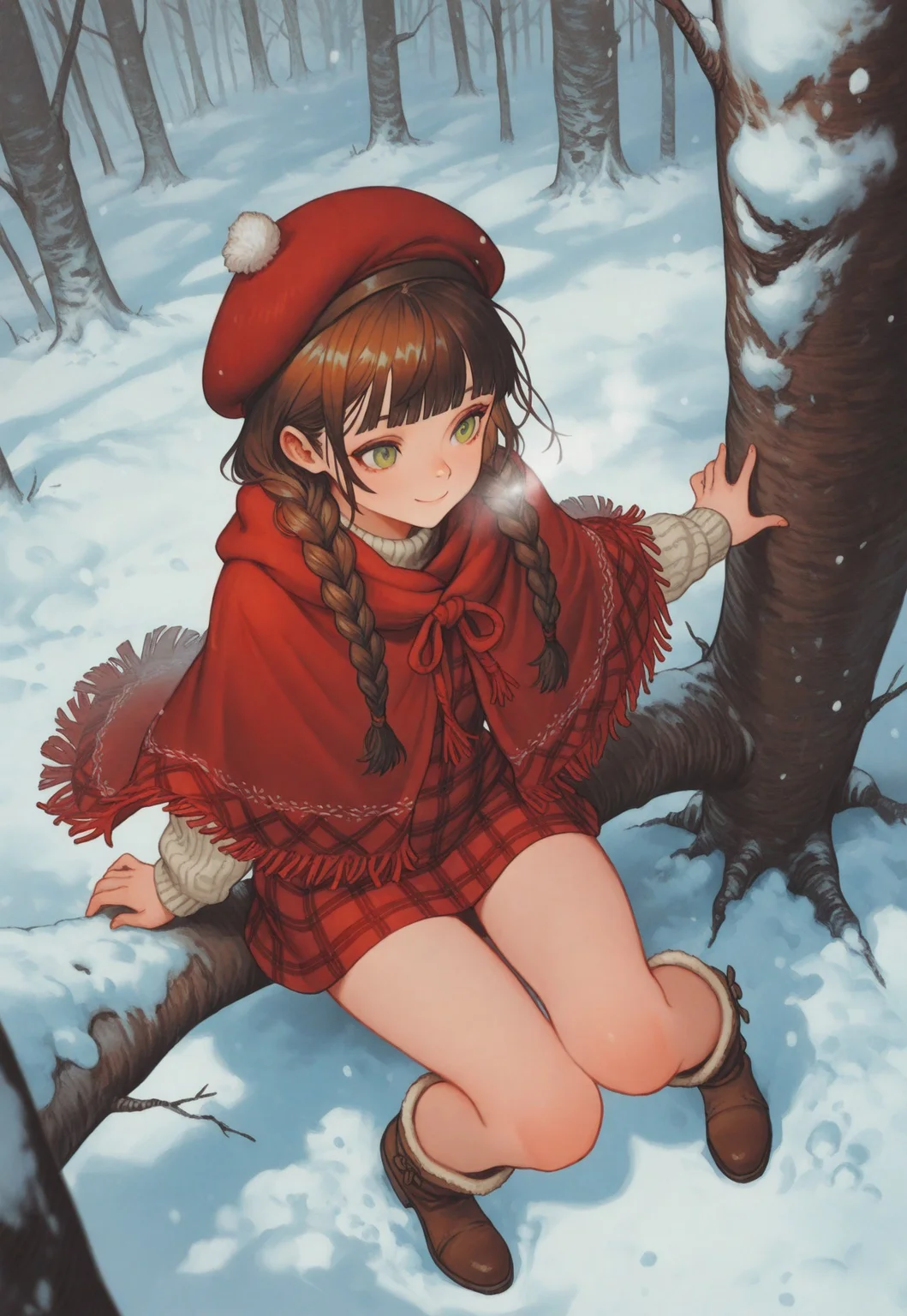 masterpiece, best quality, very aesthetic, absurdres,
cowboy shot, 1girl, solo, frost mage, green eyes, long hair, brown hair, twin braids, blunt bangs, bare legs,
winter clothes, plaid clothes, beret, red shawl, red poncho, red dress, short dress, long sleeves, boots, brown footwear, sitting_in_tree, squatting, knees_together_feet_apart, smile, closed_mouth, looking_to_the_side, from_above, snow, forest, wind,
oygilmb
rakugakingu
bdbgil