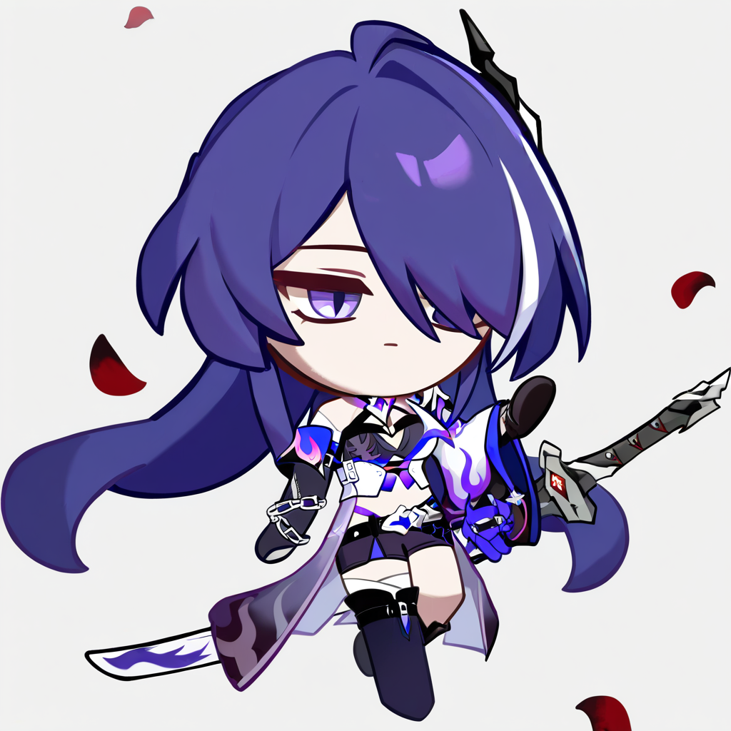 crk1styl111, year 2024, masterpiece, best quality, newest, absurdres, highres, 1girl, acheron \(honkai: star rail\), sword, expressionless, sword, black gloves, midriff, halterneck, full body, floating, white background, hand up, falling petals,