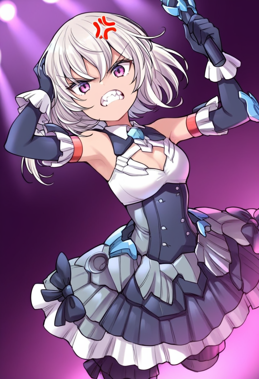 (score_9:0.9),score_8_up,score_7_up,anime style,rating_safe,<lora:30ms Alpha Sisters Phantasm ponyXL v1:0.82>,Alpha Sisters Phantasm white,Phantasm dress,holding microphone,microphone,concert,hand up,<lora:SIS-M00 Ilshana ponyXL v3.2:0.8>,SIS-M00 Ilshana,teeth,angry,