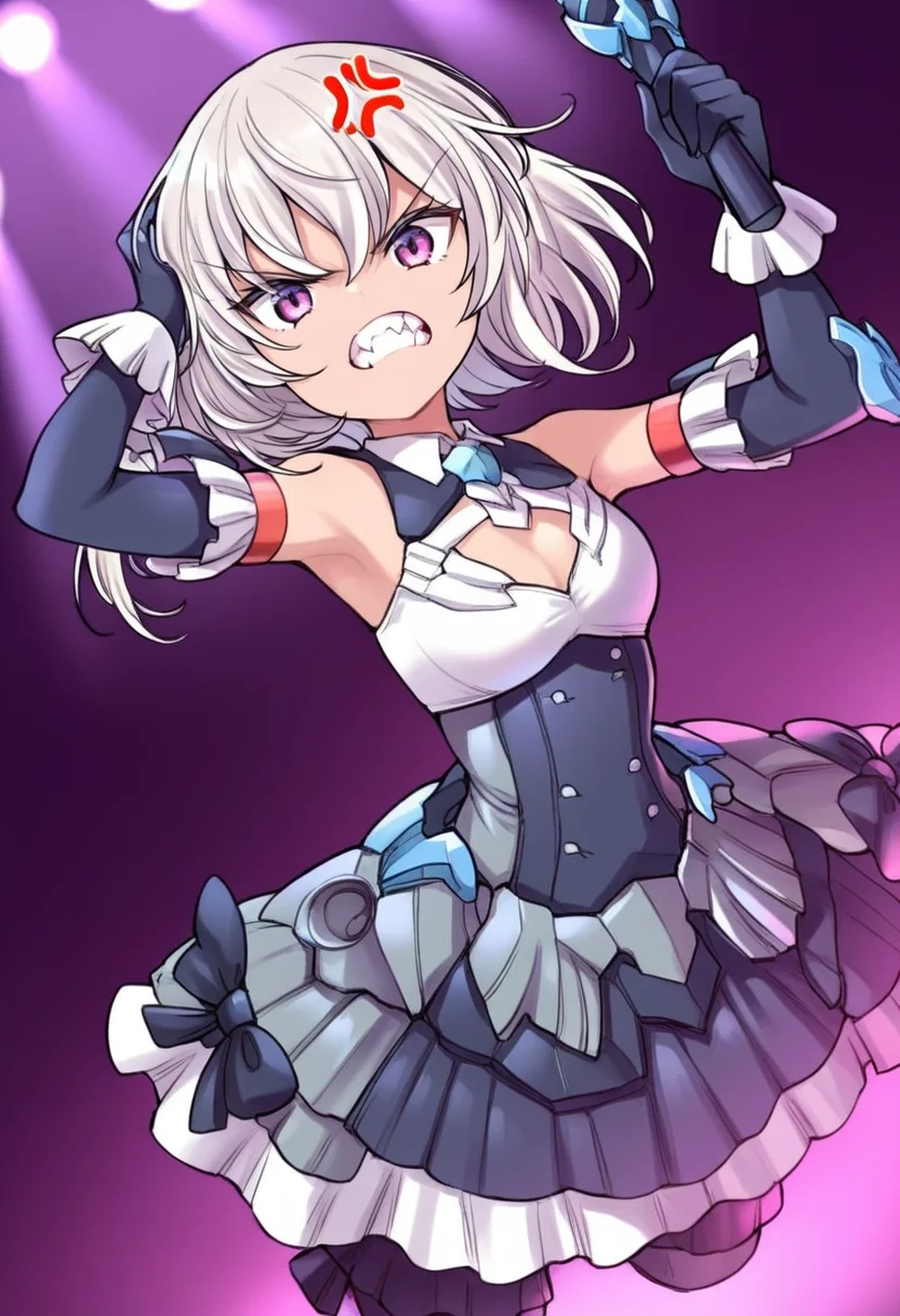 (score_9:0.9),score_8_up,score_7_up,anime style,rating_safe,<lora:30ms Alpha Sisters Phantasm ponyXL v1:0.82>,Alpha Sisters Phantasm white,Phantasm dress,holding microphone,microphone,concert,hand up,<lora:SIS-M00 Ilshana ponyXL v3.2:0.8>,SIS-M00 Ilshana,teeth,angry,