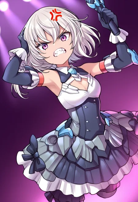(score_9:0.9),score_8_up,score_7_up,anime style,rating_safe,<lora:30ms Alpha Sisters Phantasm ponyXL v1:0.82>,Alpha Sisters Phantasm white,Phantasm dress,holding microphone,microphone,concert,hand up,<lora:SIS-M00 Ilshana ponyXL v3.2:0.8>,SIS-M00 Ilshana,teeth,angry,