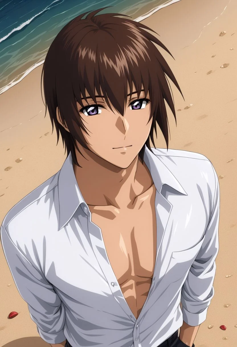 ASCII kira_yamato, hair parting left, 1man, mature adult male focus, white open shirt, solo, slim, thin waist, warm beige skin, brown hair,
detailed symmetric glossy eyes, expressive eyes, large purple eyes, looking at the viewer,
sexy posing, in a beach, sweaty,
full body portrait,
masterpiece, best quality, ultra high res, intricate detail, clamshell warm lighting