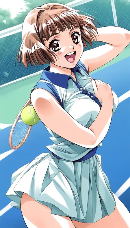 score_9, score_8_up, score_7_up, source_anime, rating_explicit, BREAK <lora:Tsuzuki_Kozue_XL:1>Tsuzuki_Kozue, brown hair, short hair, brown eyes, blunt bangs, medium breasts,
1girl, solo, plays tennis,laugh,thighs,
day, school,