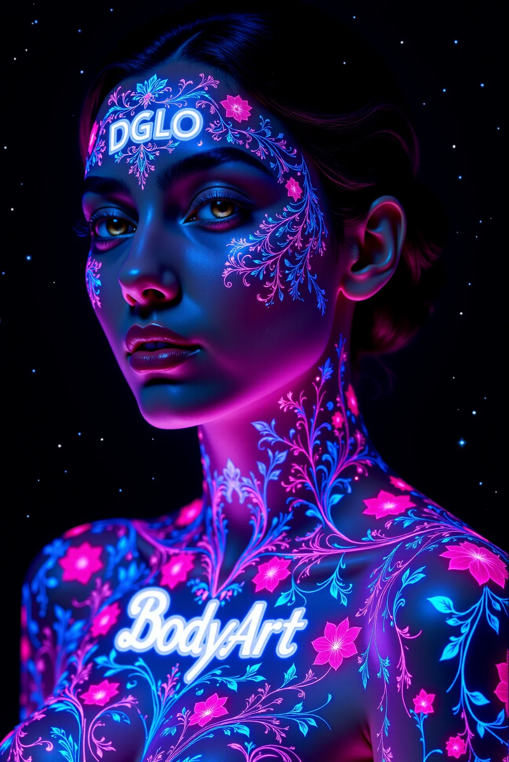 <lora:DGLO_style_v.81:0.75> DGLO style. A young woman of fair complexity, her skin adorned with (fine, intricate body art resembling floral patterns), which glows in luminous neon blues, whites and pinks. (Her body art is perfectly interwoven with a calligraphic quality letters "DGLO" on her forehead ((and a bold letters "BodyArt" glowing on upper part of her chest))). She wears a gentle smile. Background is dark, dramatic, almost black night sky with tiny stars.