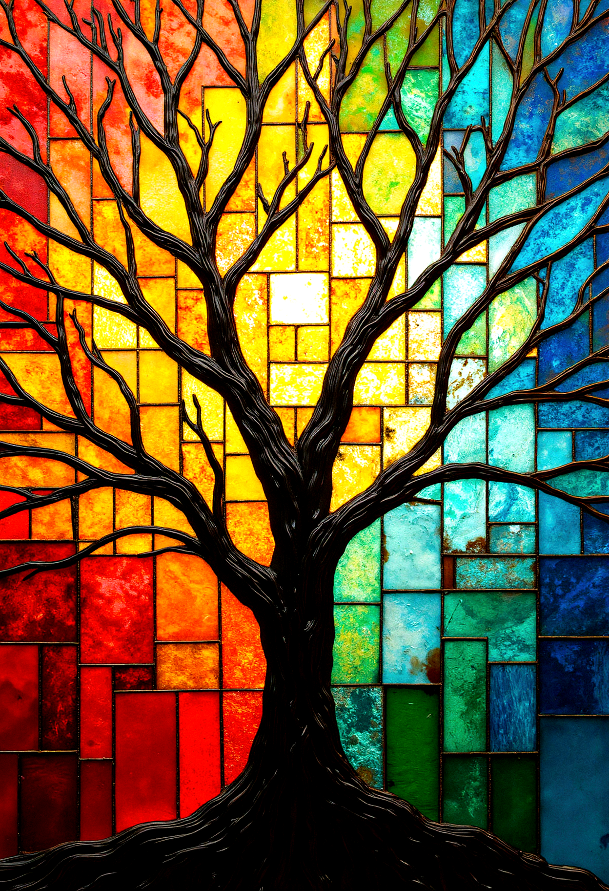 An abstract stained glass tree radiating life and energy, its roots and branches intertwining through a prism of colors. The backdrop is composed of glass-like panels that transition from warm reds and yellows near the center to calming blues and greens toward the periphery. The shards are separated by metallic outlines, creating a glowing mosaic effect. The tree itself is a stark silhouette, contrasting beautifully against the vibrant, light-filled fragments surrounding it.