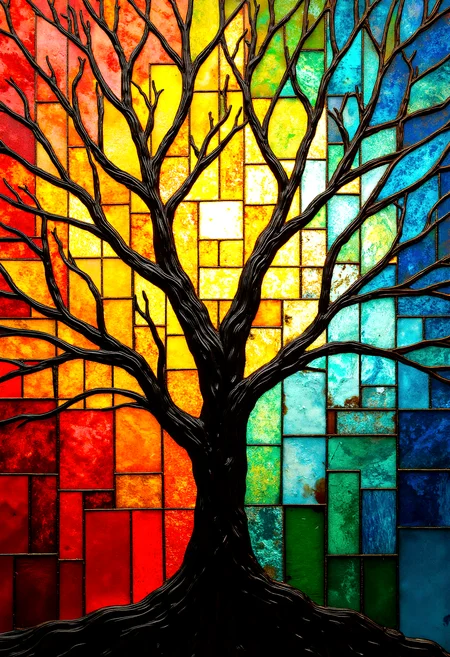 An abstract stained glass tree radiating life and energy, its roots and branches intertwining through a prism of colors. The backdrop is composed of glass-like panels that transition from warm reds and yellows near the center to calming blues and greens toward the periphery. The shards are separated by metallic outlines, creating a glowing mosaic effect. The tree itself is a stark silhouette, contrasting beautifully against the vibrant, light-filled fragments surrounding it.