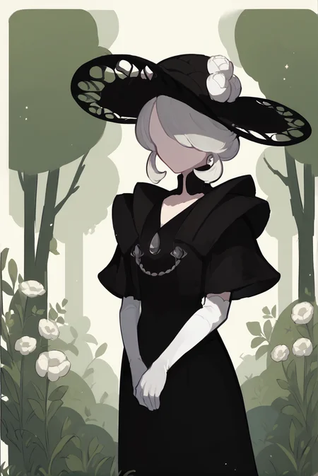 Score_9, Score_8_up, score_7_up, score_6_up, solo, 1girl, cogita, white hair, short hair, hair over one eye, outdoors, standing, cowboy shot, MinimalStyle, featureless face, black dress, black headwear, hat, white gloves, elbow gloves<lora:EMS-375728-EMS:1.000000>, <lora:EMS-333626-EMS:1.000000>