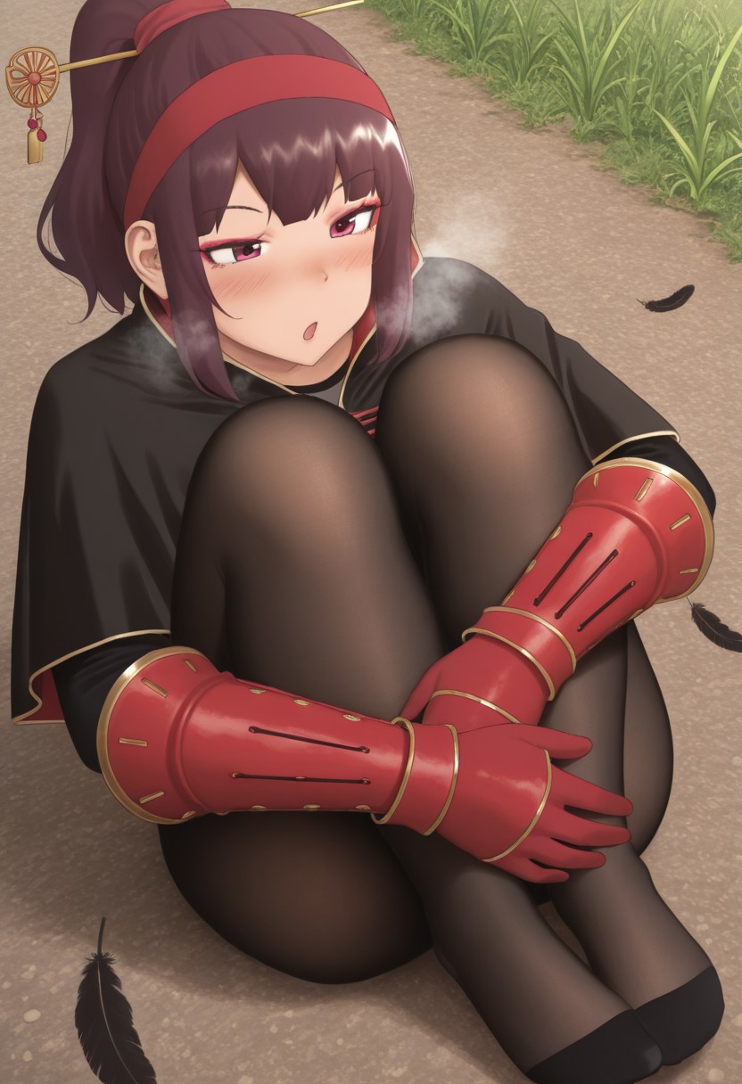 ryokuchamichi, outdoors, undershirt, falling feathers, black bodysuit, hair stick, hugging own legs, , gauntlets, eyeshadow, red gloves, high ponytail, , black capelet, red hairband, pink eyes, 1girl, solo, feet, visible breath, dynamic angle, foreshortening, smell, steam,
