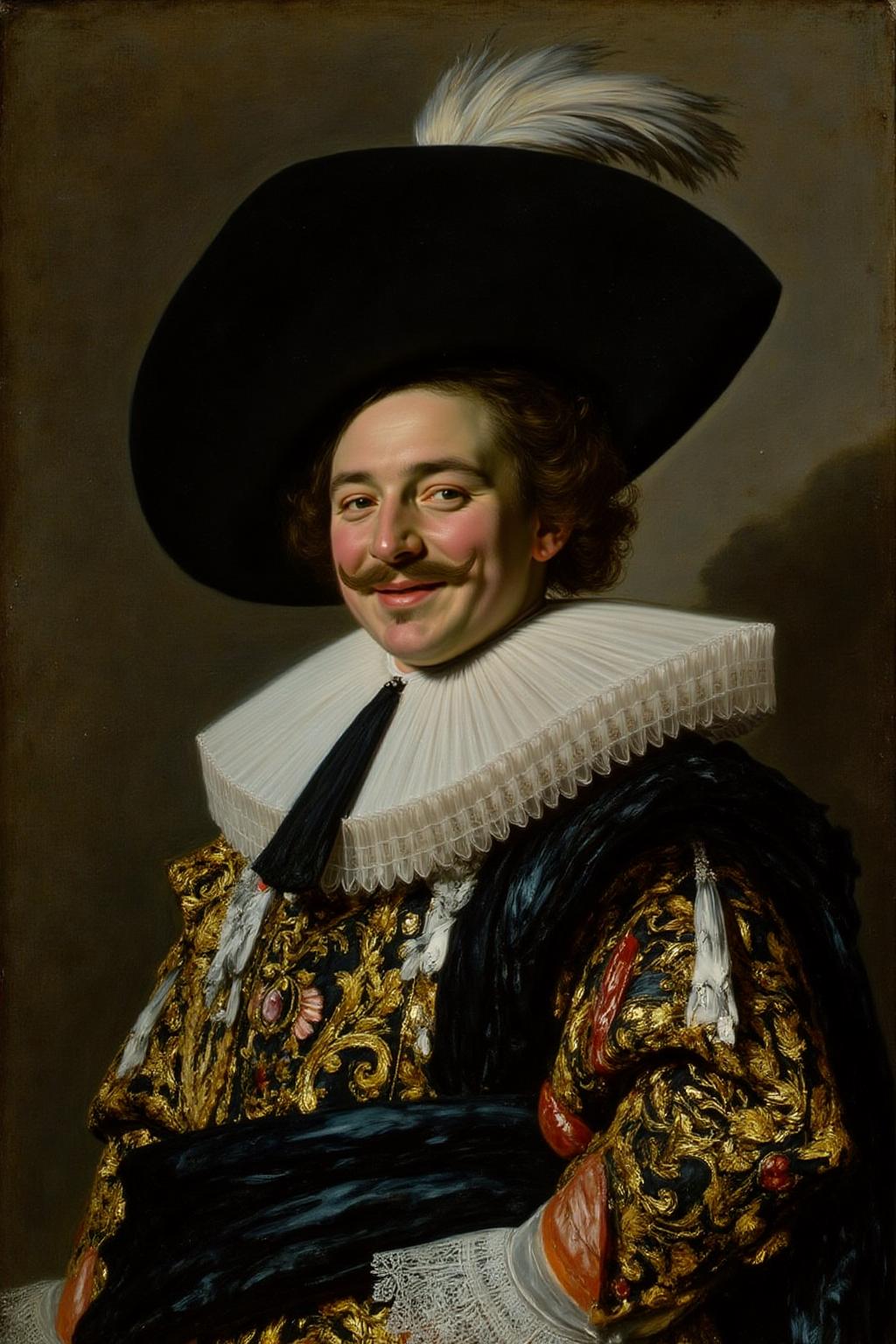 fraha1 painting. A vibrant and detailed portrait of a dashing young man dressed in elaborate 17th-century attire, inspired by The Laughing Cavalier by Frans Hals. The man gazes confidently at the viewer with a mischievous smile, his eyes twinkling with charm and good humor. He wears a richly embroidered doublet adorned with intricate patterns, including golden scrolls, flowers, and symbols, rendered with exquisite detail. His wide-brimmed, black felt hat, trimmed with a soft feather, adds an air of sophistication, while a crisp white ruffled collar frames his face, contrasting against his dark, curly hair and carefully groomed mustache. The background is softly muted, focusing all attention on his lively expression and ornate costume. The lighting and dynamic brushwork evoke the energetic and masterful style of Frans Hals, capturing both the elegance and personality of the cavalier.  <lora:fraha2_nocap_d6a3:1.0><lora:806971746147277401:0>