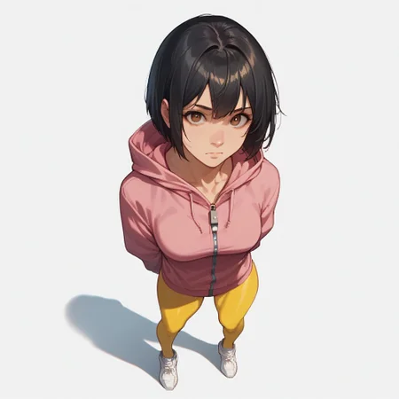 score_9, score_8_up, score_7_up, score_6_up, masterpiece, best quality, Sabr1nA, BREAK 1girl, solo, open eyes, brown eyes, medium breasts, black hair, bob haircut, short pink hoodie with hood and zipper, thin, yellow leggings, white sneakers, looking at the viewer, top view, high angle, hands behind back, full body, standing, simple background, white background, masterpiece, best quality