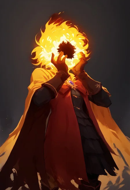 score_9, score_8_up, score_7_up,
lord_of_frenzy, fire head,
novakin, faceless, no eyes, no mouth, no nose, no facial features, short fiery yellow orange hair, body made of black plasma,
magical girl outfit, steampunk dress, boots,
shaft head tilt
simple background, grey background,
yandere trance, hands on own face, hands on own cheeks