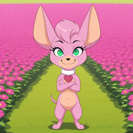 score_9, score_8_up, score_8, score_7, source_cartoon, Mammoth_M, solo, 1girl, semi-anthro, female furry, dog, dog girl, chihuahua, pink fur, tan muzzle, tan belly, aqua eyes, eyelashes, large ears, dog tail, black nose, white collar, heart dog tag, shortstack, full body, looking at viewer, standing, arms crossed, smile, flower field setting,
