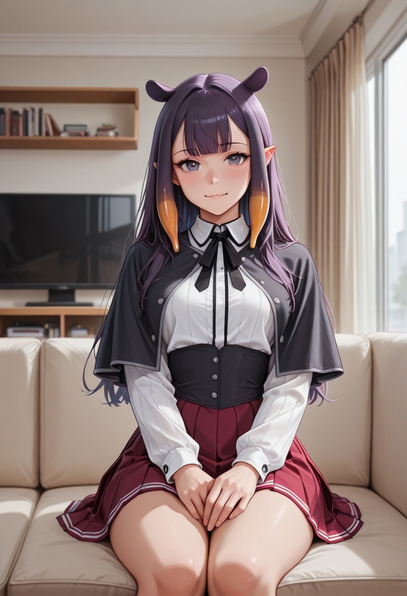 (ultra HD quality details), score_9, score_8_up, score_7_up, 8k, Cowboy Shot, Depth of Field, Full Body Visible,
BREAK
 ninomae inanis, pointy ears, long hair, purple hair, multicolored hair, blunt bangs, tentacle hair, sidelocks, purple eyes, light smile, wavy mouth, open mouth, school uniform, black capelet, white shirt, neck ribbon, black ribbon, long sleeves, black corset, red skirt, pleated skirt,
BREAK
lounging on couch, sitting, 4partment, indoors, window, couch, table, curtains, bookcase, television,
BREAK
Intricate, detailed background, colorful, detailed background, dynamic angle, volumetric lighting, cinematic lighting, BREAK,