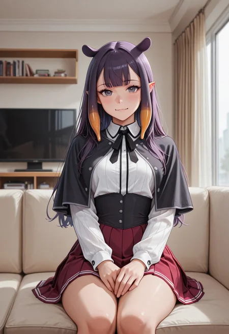 (ultra HD quality details), score_9, score_8_up, score_7_up, 8k, Cowboy Shot, Depth of Field, Full Body Visible,
BREAK
 ninomae inanis, pointy ears, long hair, purple hair, multicolored hair, blunt bangs, tentacle hair, sidelocks, purple eyes, light smile, wavy mouth, open mouth, school uniform, black capelet, white shirt, neck ribbon, black ribbon, long sleeves, black corset, red skirt, pleated skirt,
BREAK
lounging on couch, sitting, 4partment, indoors, window, couch, table, curtains, bookcase, television,
BREAK
Intricate, detailed background, colorful, detailed background, dynamic angle, volumetric lighting, cinematic lighting, BREAK,