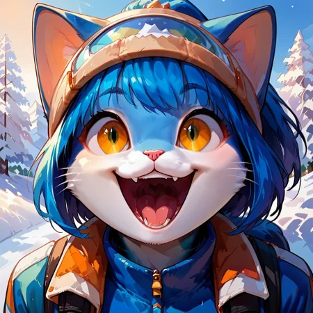 blue anthro cat, Audr3yC4t, 
core_9, score_8_up, score_7_up, source_anime, hiking in a blizzard, hiking jacket, hiking boots, snow, low visibility, white background, close up, smiling, open mouth,