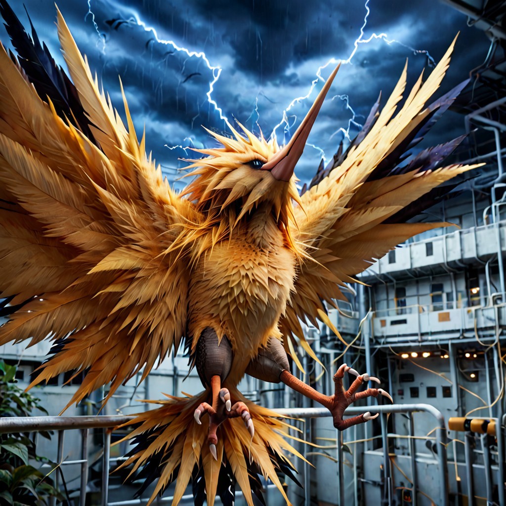 score_9, score_8_up, score_7_up, score_6_up, solo, zapdos, pokemon (creature), feral, avian, bird, bipedal, yellow body, yellow feathers, detailed feathers, realistic feathers, pointy feathers, spiky feathers, sharp feathers, talons, tail feathers, spiky fluffy head feathers, long beak, white sclera, large wings, yellow/black wings, flying, in air, lightning in background, thunderstorm, electricity, industrial factory, power plant, electrical facility, dynamic angle, cinematic, photorealistic, real life