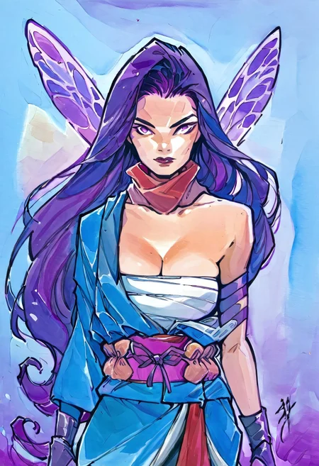 safe_pos, rating_nsfw, source_ANIME, source_MARVEL, peachmomoko, traditional media, score_9, score_8_up, score_7_up, , A dynamic anime-style action shot of Psylocke in her signature purple outfit, She has violet long hair, surrounded by psychic energy in a vibrant background of swirling light. (source: anime), high contrast, bold outline, broken colors, no gradient mesh, BREAK Open-Impressionism , cel-shading, rivals, ncpy13 style, pastels drawing, MYLF, sailocke, purple eyes, gloves, long hair, scarf, sarashi, fairy wings, large cleavage sagging teardrop shaped breasts, purple theme
