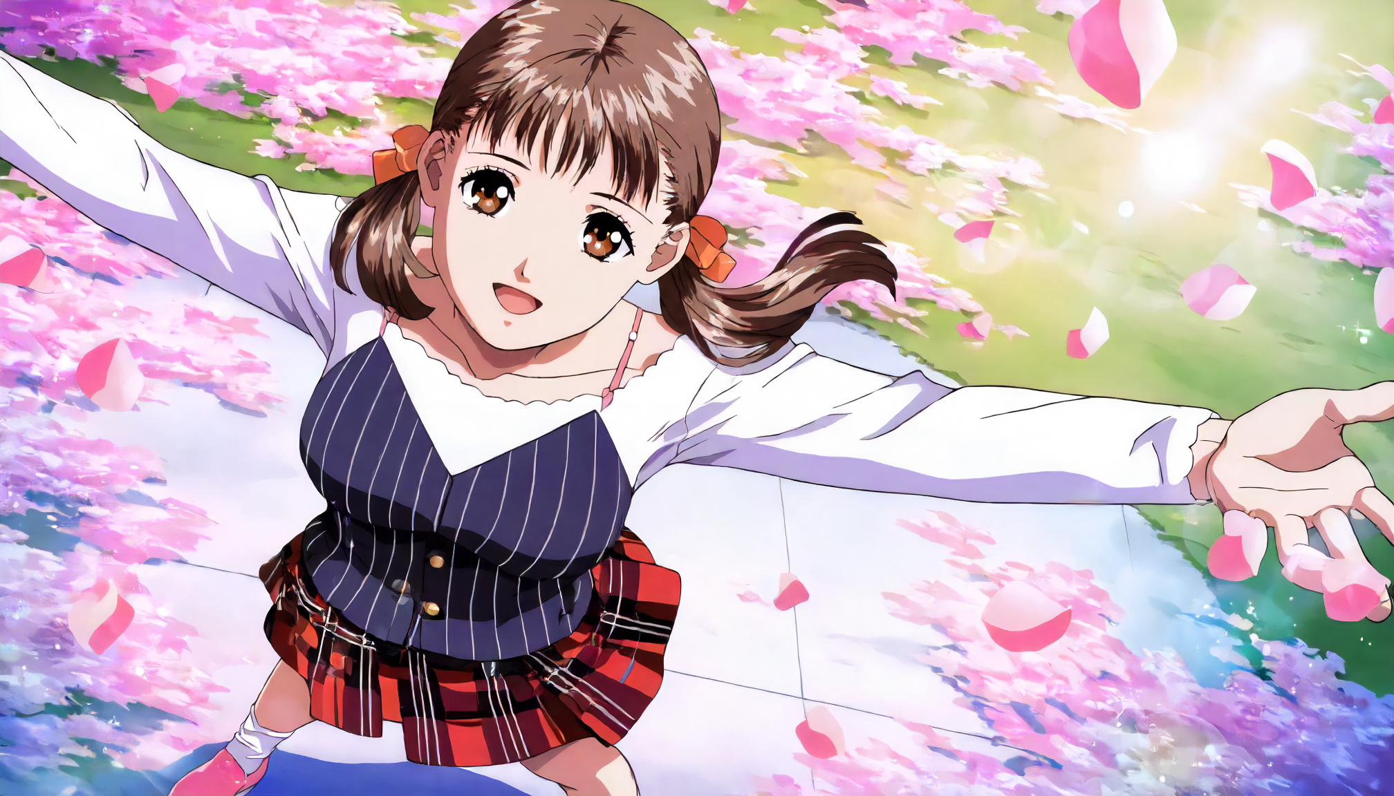 <lora:YS_AyanaFujisawaXLIllustrious005>,
masterpiece,best quality,good quality,newest,
detailed background,petal,nature,lens_flare,glitter,
smile,open mouth,
looking at viewer,from above,
solo,
AyanaFujisawa,1girl,brown hair,low twintails,brown eyes,
white shirt,long_sleeves,spaghetti strap,horizontal pinstripe vest,blue vest,
plaid_skirt,red skirt,
socks,pink footwear,
standing,wind,floating hair,open arms,