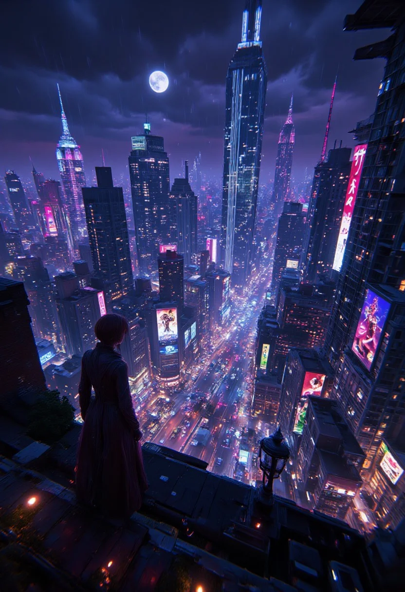 Cyberpunk Cityscape at Night: A sprawling city illuminated by vibrant neon lights and holographic advertisements. The streets are filled with a mix of futuristic vehicles and street vendors selling exotic wares. High above, massive skyscrapers loom, their windows reflecting the chaos below. On a rooftop, a shadowy figure stands, gazing out over the city, their long coat billowing in the wind. The atmosphere is gritty, with rain-slicked streets reflecting the colorful lights, Once Human
, detailmaximizer, aidmaglow, midjourneyv6.1, secretlab