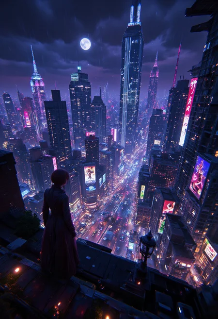 Cyberpunk Cityscape at Night: A sprawling city illuminated by vibrant neon lights and holographic advertisements. The streets are filled with a mix of futuristic vehicles and street vendors selling exotic wares. High above, massive skyscrapers loom, their windows reflecting the chaos below. On a rooftop, a shadowy figure stands, gazing out over the city, their long coat billowing in the wind. The atmosphere is gritty, with rain-slicked streets reflecting the colorful lights, Once Human
, detailmaximizer, aidmaglow, midjourneyv6.1, secretlab