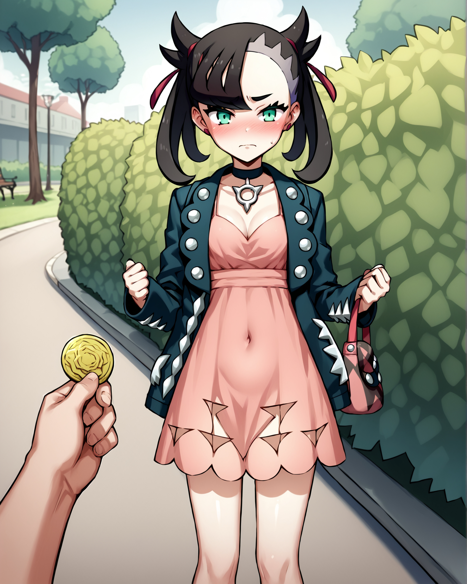 score_9, score_8_up, score_7_up, source_anime BREAK 1girl, marnie (pokemon), park, POV, copper coin, holding  coin, standing, dress, blush, embarrassed, tress, path, bench, bushes, black hair, looking at viewer, emerald-green eyes, covered navel, medium breasts, perky breasts, <lora:POV_holding_money:0.7>, rating_questionable