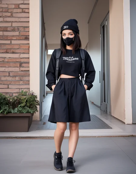 zPDXL2, <lora:TechwearV2:1>, t3chwear,
1girl, cute face, detailed eyes, long black hair, blue eyes, black face mask, black beanie, walking on a sidewalk, headphones, hands in pockets, full body