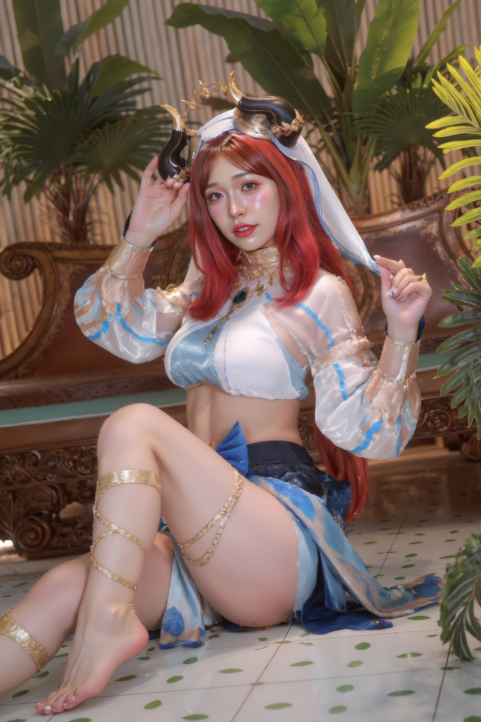 A high-resolution professional portrait of a young woman sitting casually on the floor with legs comfortably parted, one knee raised slightly higher, and resting her forearm atop her elevated knee. Her other hand supports her weight from behind, creating an effortlessly relaxed yet stylish posture. Gentle lighting and natural expression complete the harmonious, casual elegance.

She is wearing a blue and white SGWN59Clothing with horns. Her makeup is dramatic, with dark eyeliner and bold, glossy pink lips. 

The lighting features a high-contrast, monochromatic white color scheme that creates a moody, intimate atmosphere. 

The photography technique uses what appears to be soft lighting to create a glamorous effect, with careful attention to highlighting contours while maintaining the dominant light brown color scheme throughout the frame.

The overall aesthetic combines elements of fashion photography, traditional Asian visual motifs, and contemporary boudoir styling. The dramatic light brown lighting creates a cohesive visual theme that ties all elements of the composition together.

The white light emit on her to show her feature.