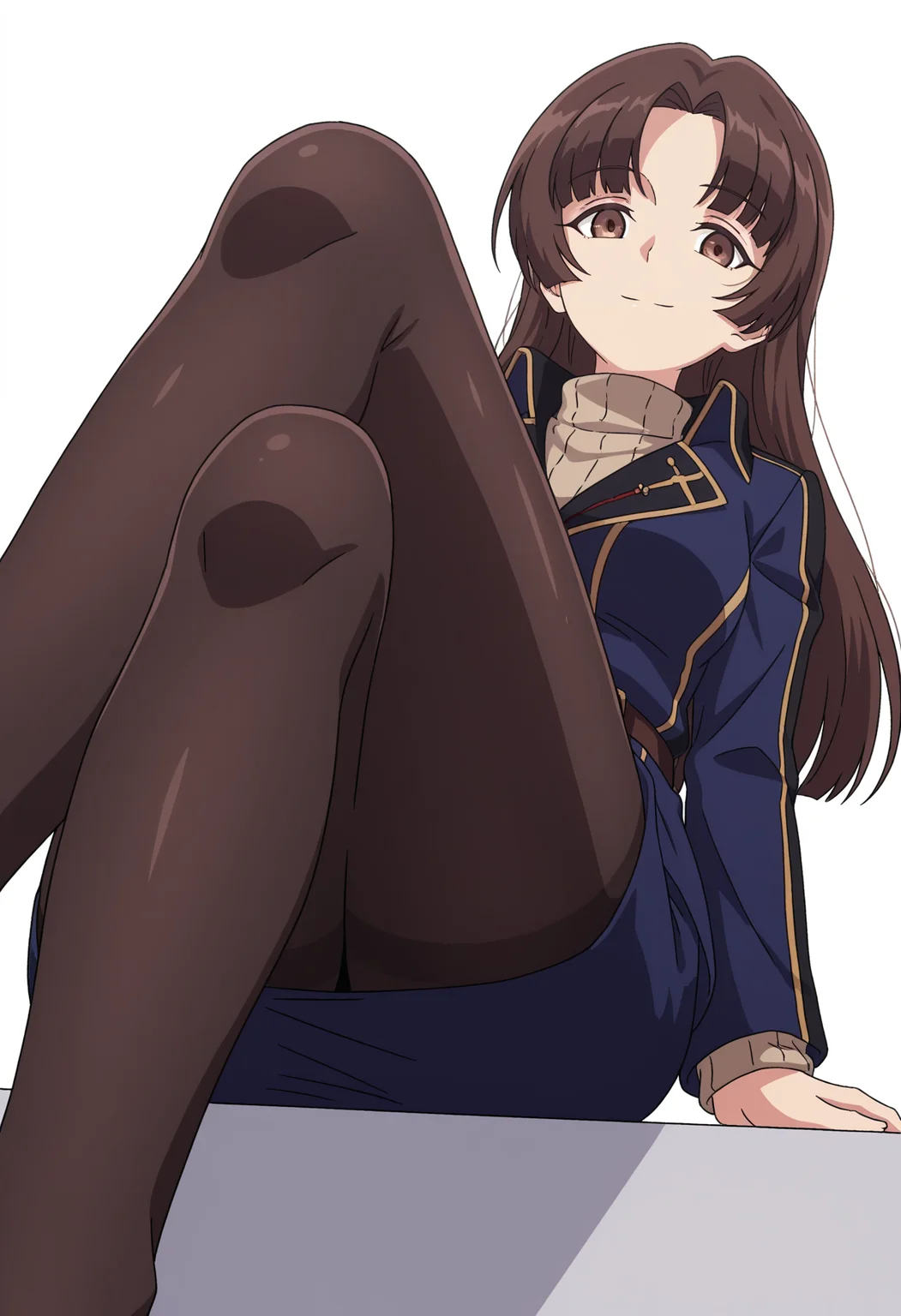 <lora:Kaina Noss_illustrious-000040:1>,
1girl,solo,
TX_KL,long hair,brown eyes,
belt,sweater,blue jacket,turtleneck,blue skirt,turtleneck sweater,
closed mouth,white_background,smile,simple background,looking at viewer,sitting,crossed_legs,from_below,black pantyhose,no shoes