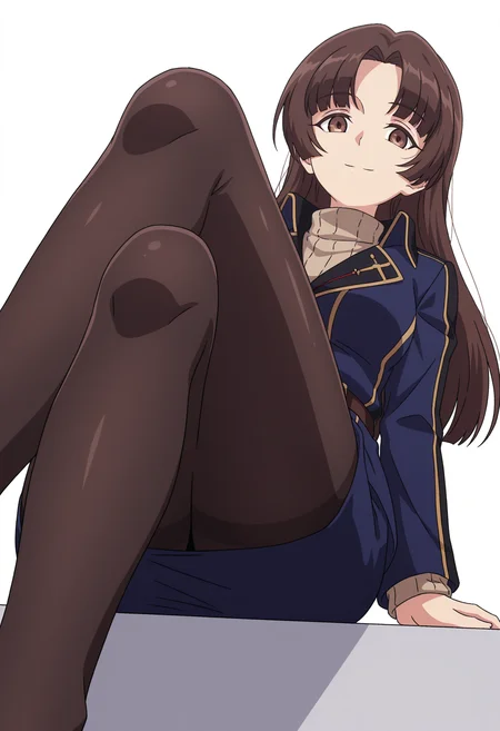 <lora:Kaina Noss_illustrious-000040:1>,
1girl,solo,
TX_KL,long hair,brown eyes,
belt,sweater,blue jacket,turtleneck,blue skirt,turtleneck sweater,
closed mouth,white_background,smile,simple background,looking at viewer,sitting,crossed_legs,from_below,black pantyhose,no shoes