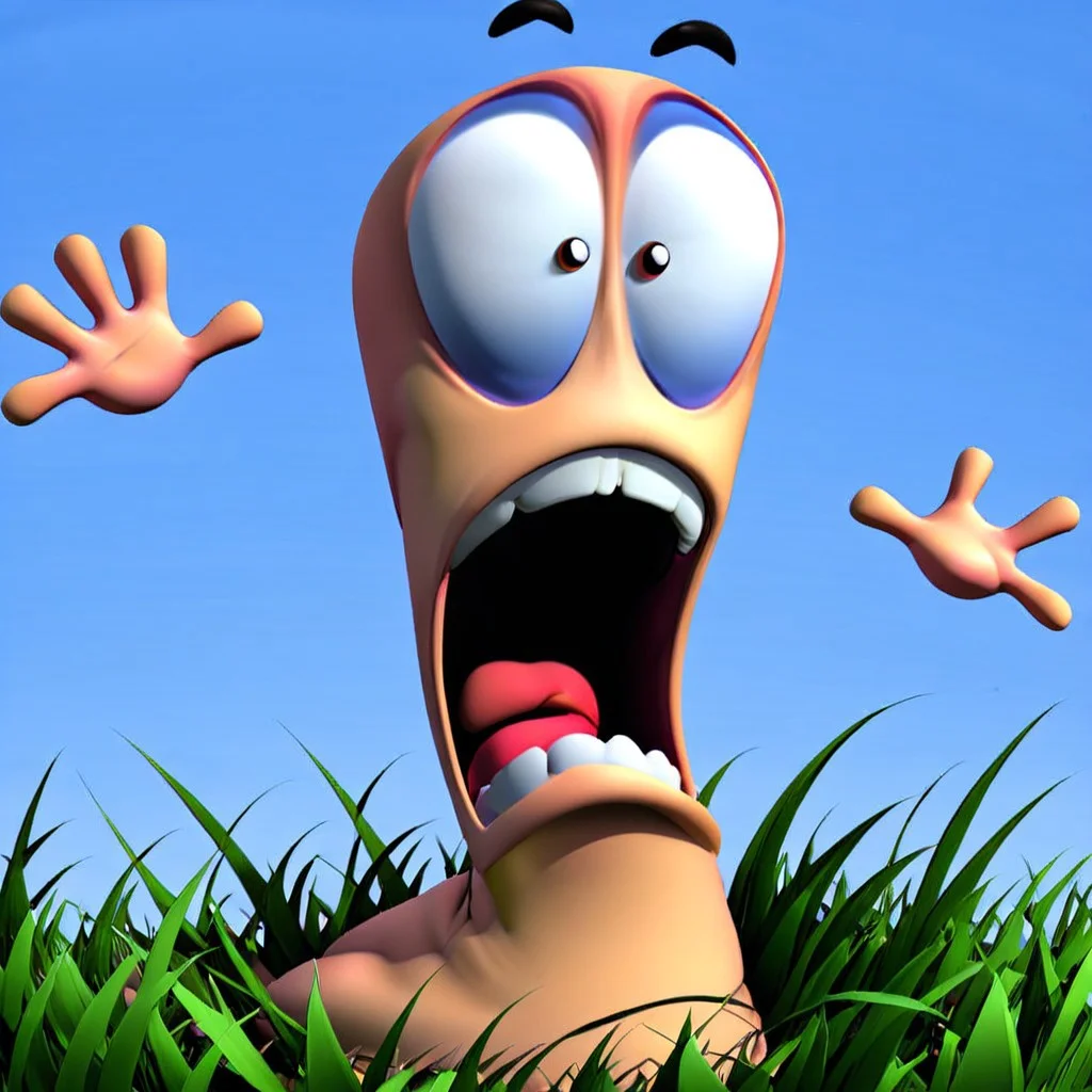 worm, render, solo, 1worm, [worms 3d render], scared, wide open mouth, tongue, scream, [[grass]], simple background, 2 eyebrows